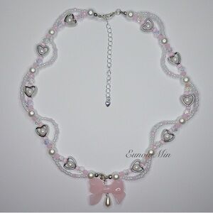 Pink Bow Intertwined Necklace | Silver plated | Pearlescent | Handmade